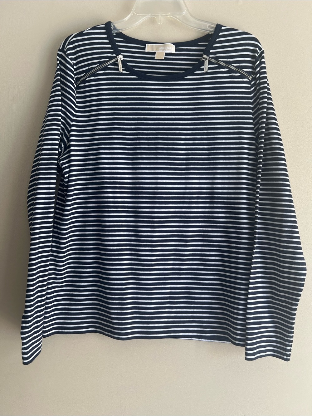 MICHAEL Michael Kors Navy and White Striped Long-Sleeve Tee with Shoulder Zips